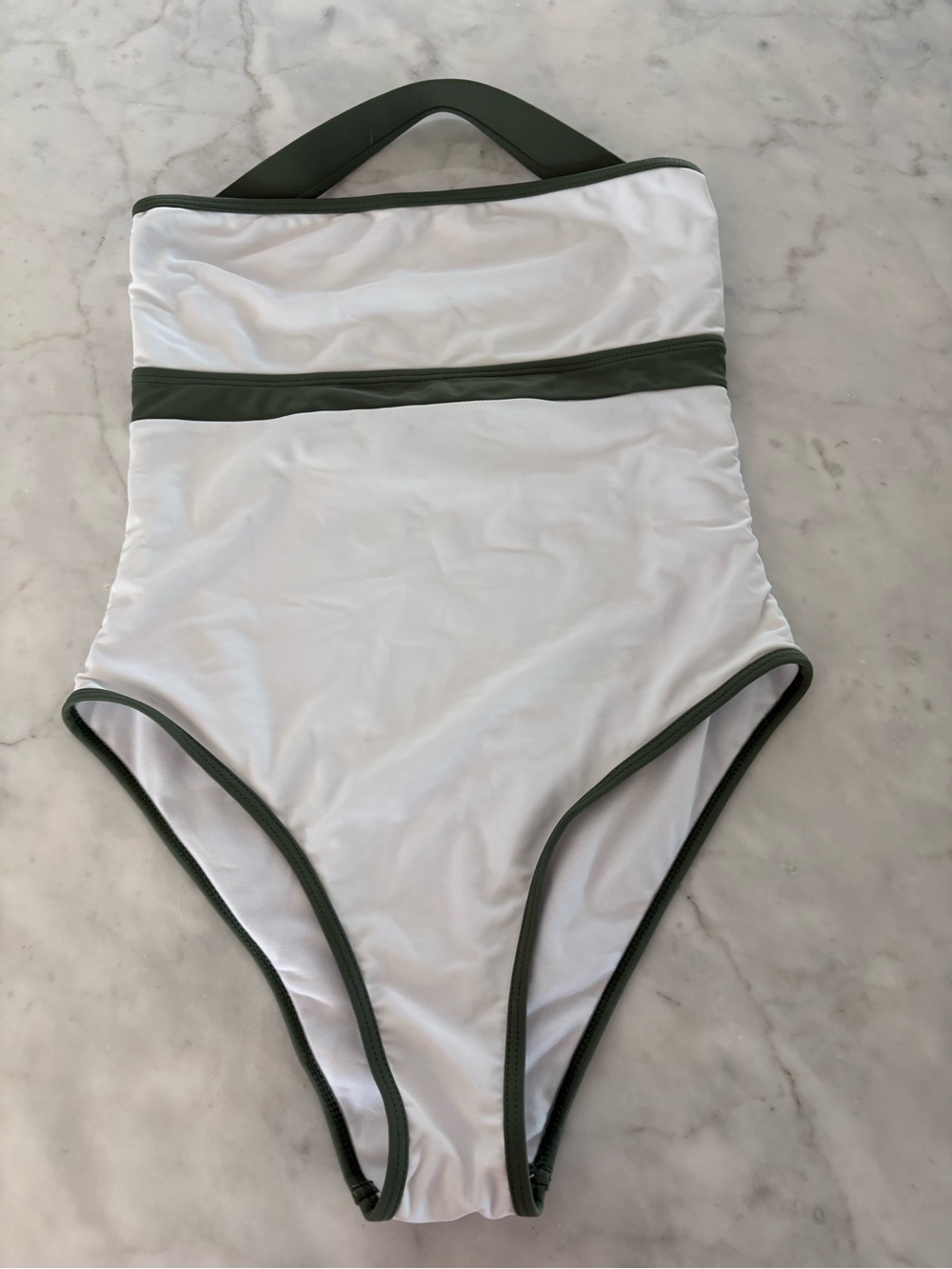 Zaful White One-Piece Swimsuit with Olive Trim